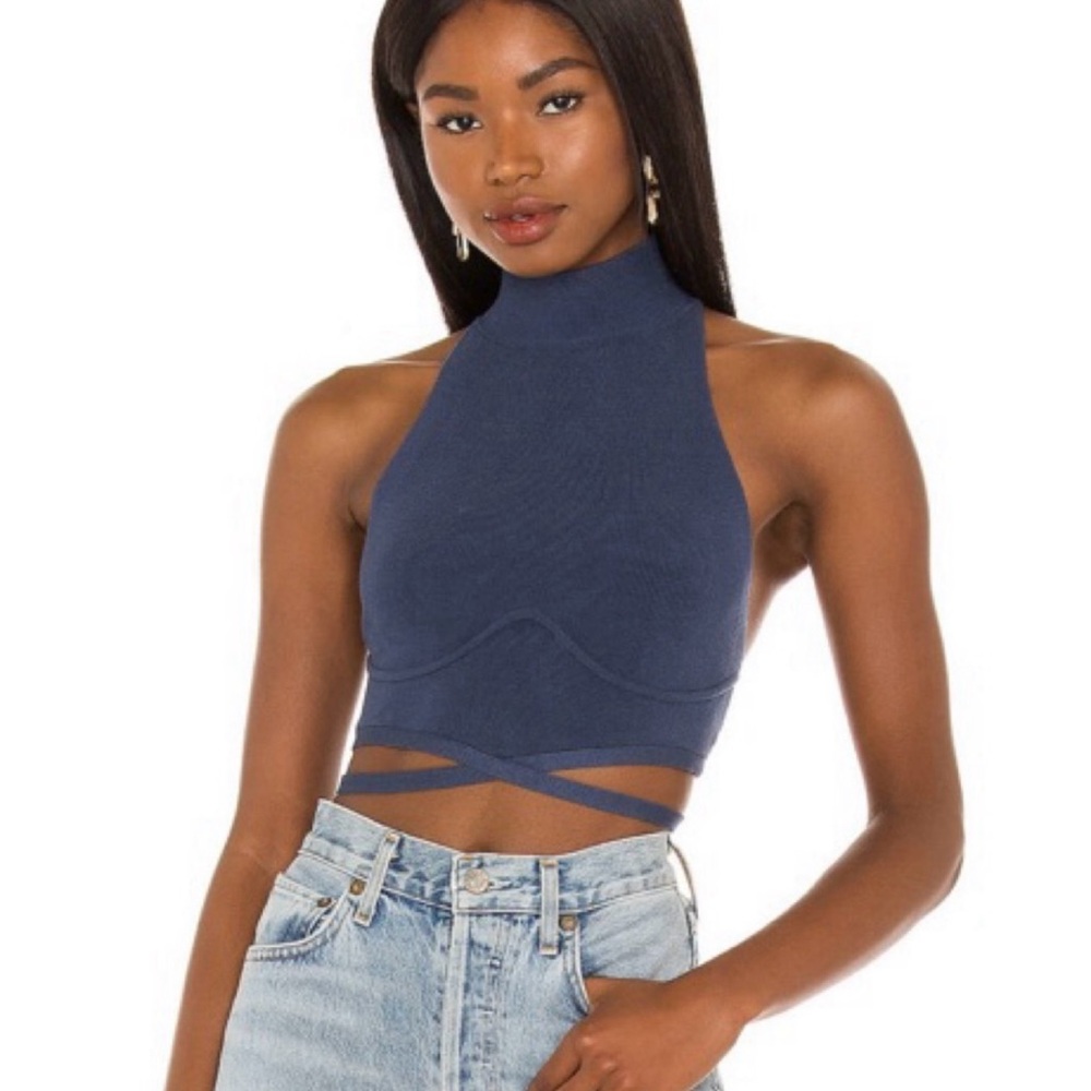 Revolve Blue High Neck Tie Crop Top - Camila Coehlo